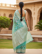 Banarasi Silk Saree/Floral Jaal Pattern/Seagreen Color