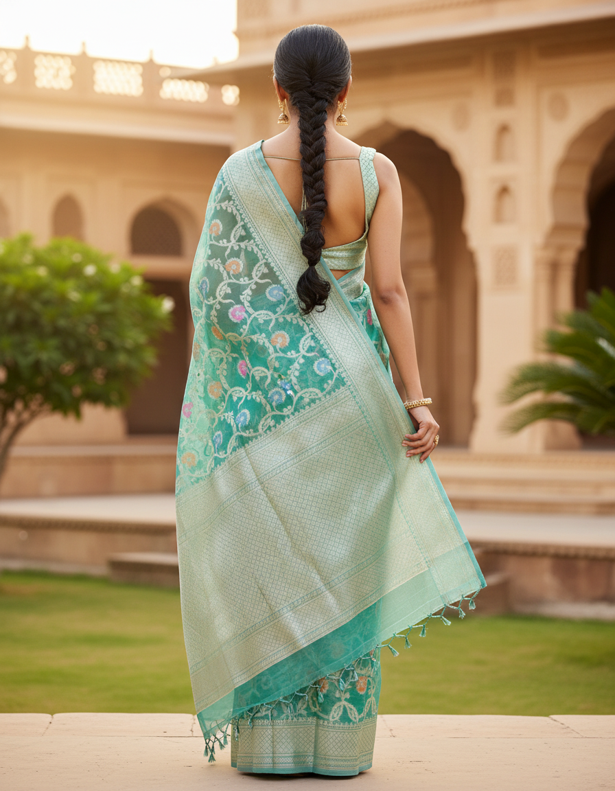 Banarasi Silk Saree/Floral Jaal Pattern/Seagreen Color