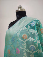 Banarasi Silk Saree/Floral Jaal Pattern/Seagreen Color