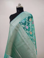 Banarasi Silk Saree/Floral Jaal Pattern/Seagreen Color