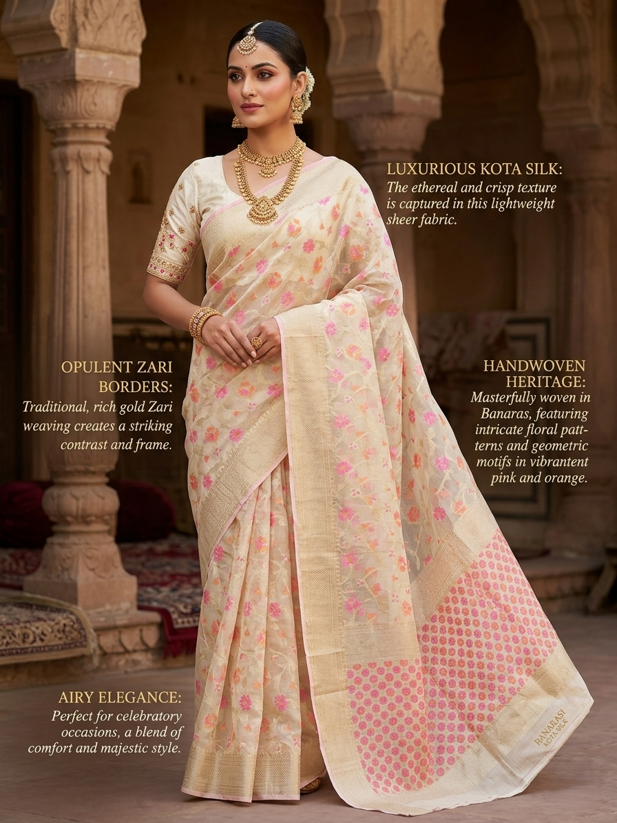 Phool Jaal Banarasi Saree/Off-White Color