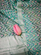 Banarasi Silk Saree/Floral Jaal Pattern/Seagreen Color