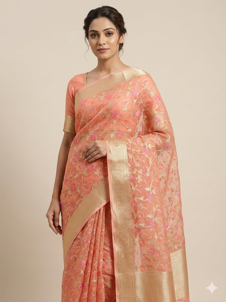 Phool Jaal Banarasi Saree/Peach Color