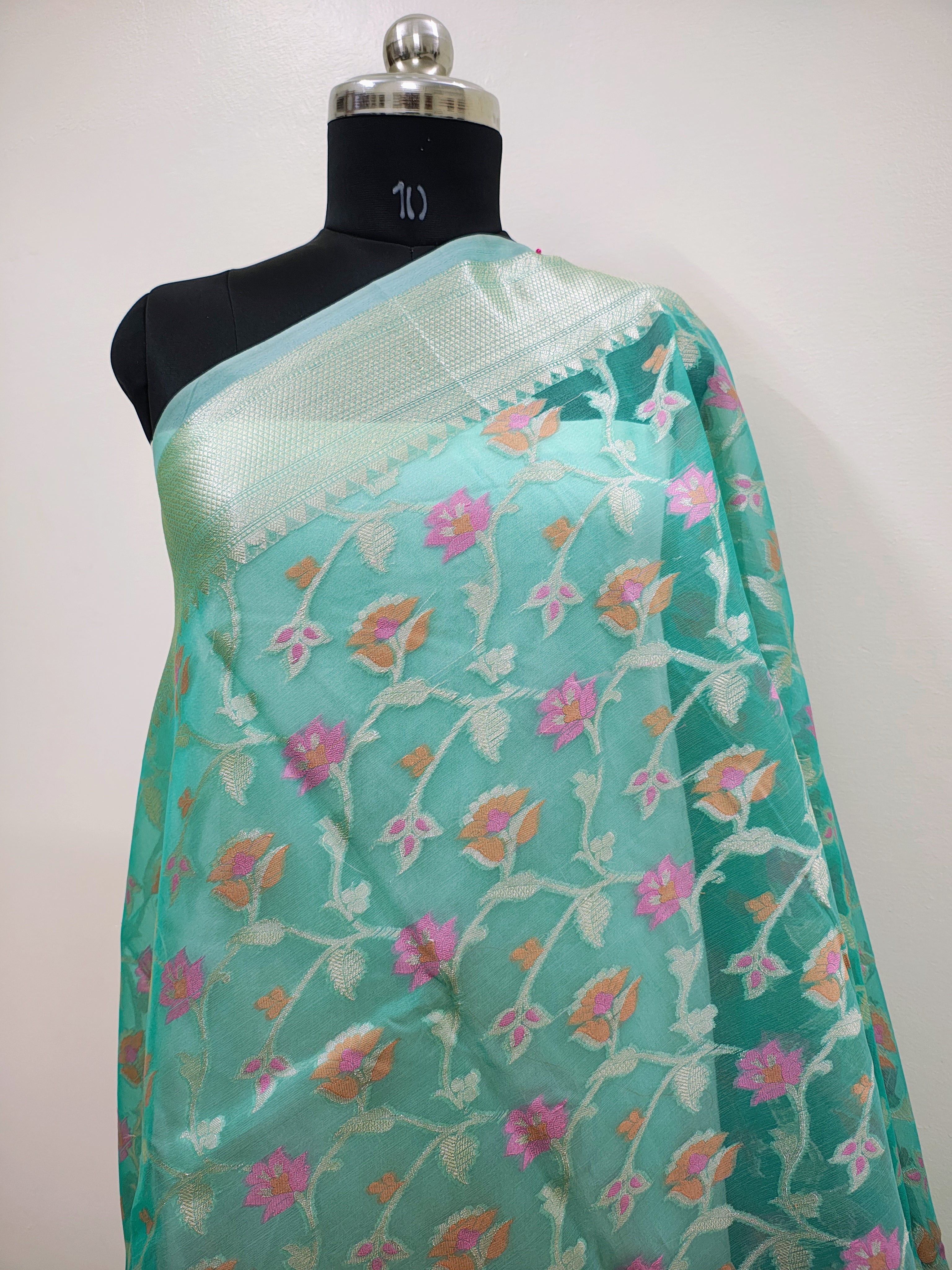 Phool Jaal Banarasi Saree/Sea-green Color