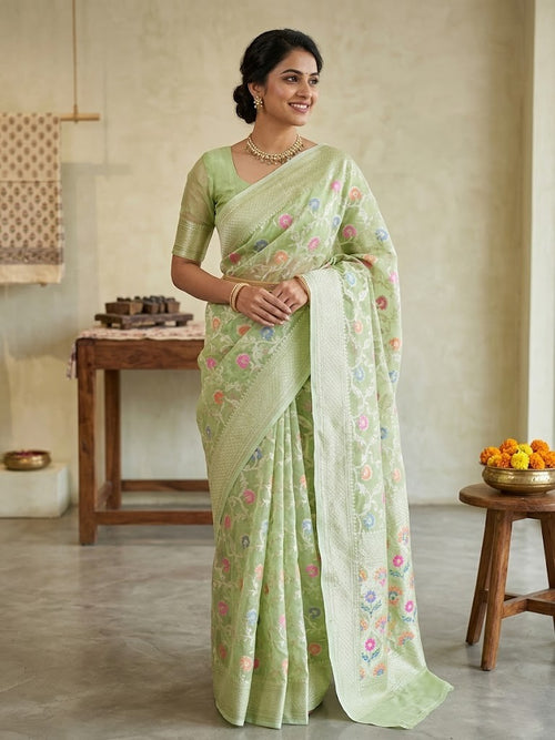 Banarasi Silk Saree/Floral Jaal Pattern/Pista Color