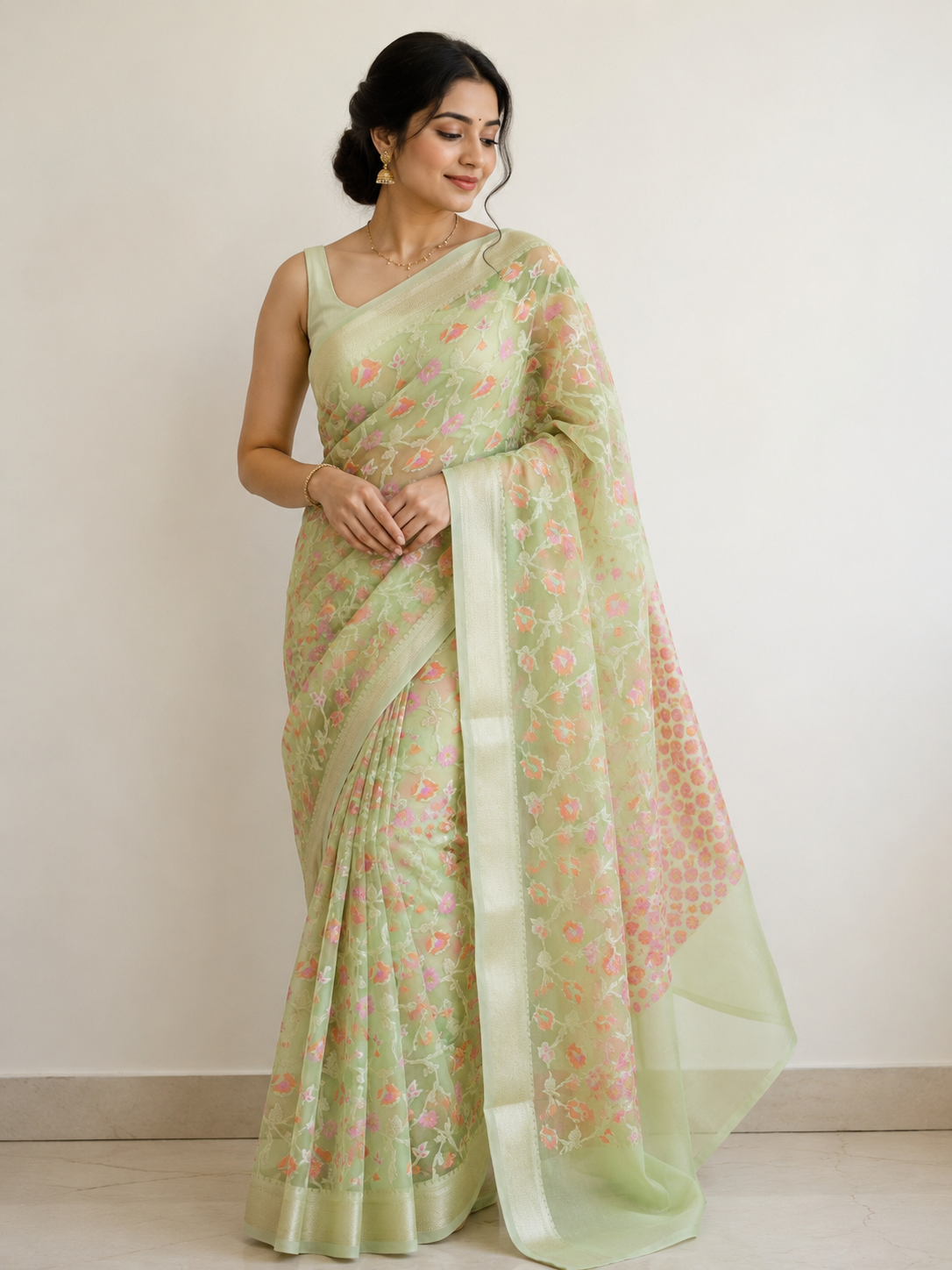 Phool Jaal Banarasi Saree/Pista Color