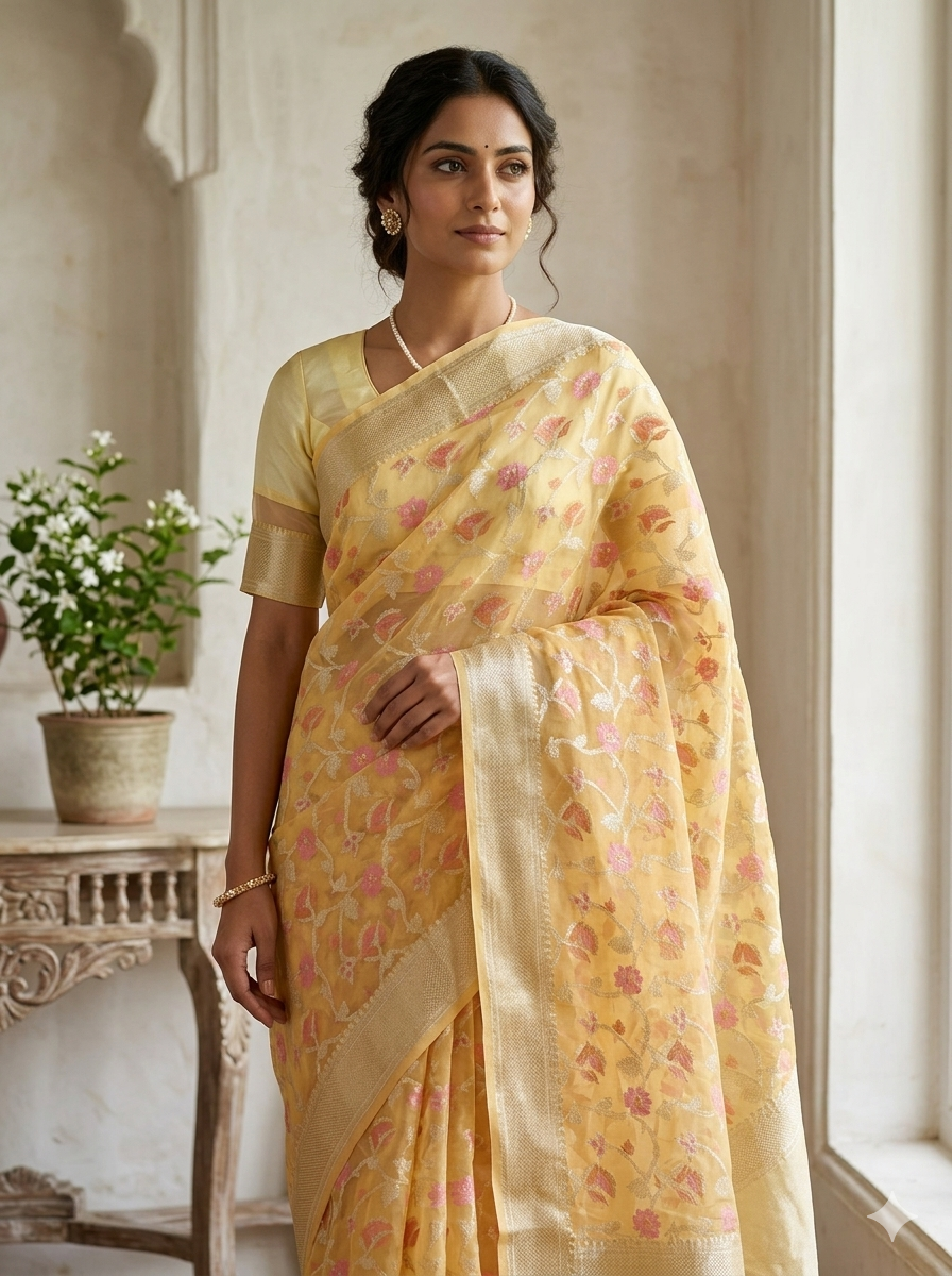 Phool Jaal Banarasi Saree/Gold Color