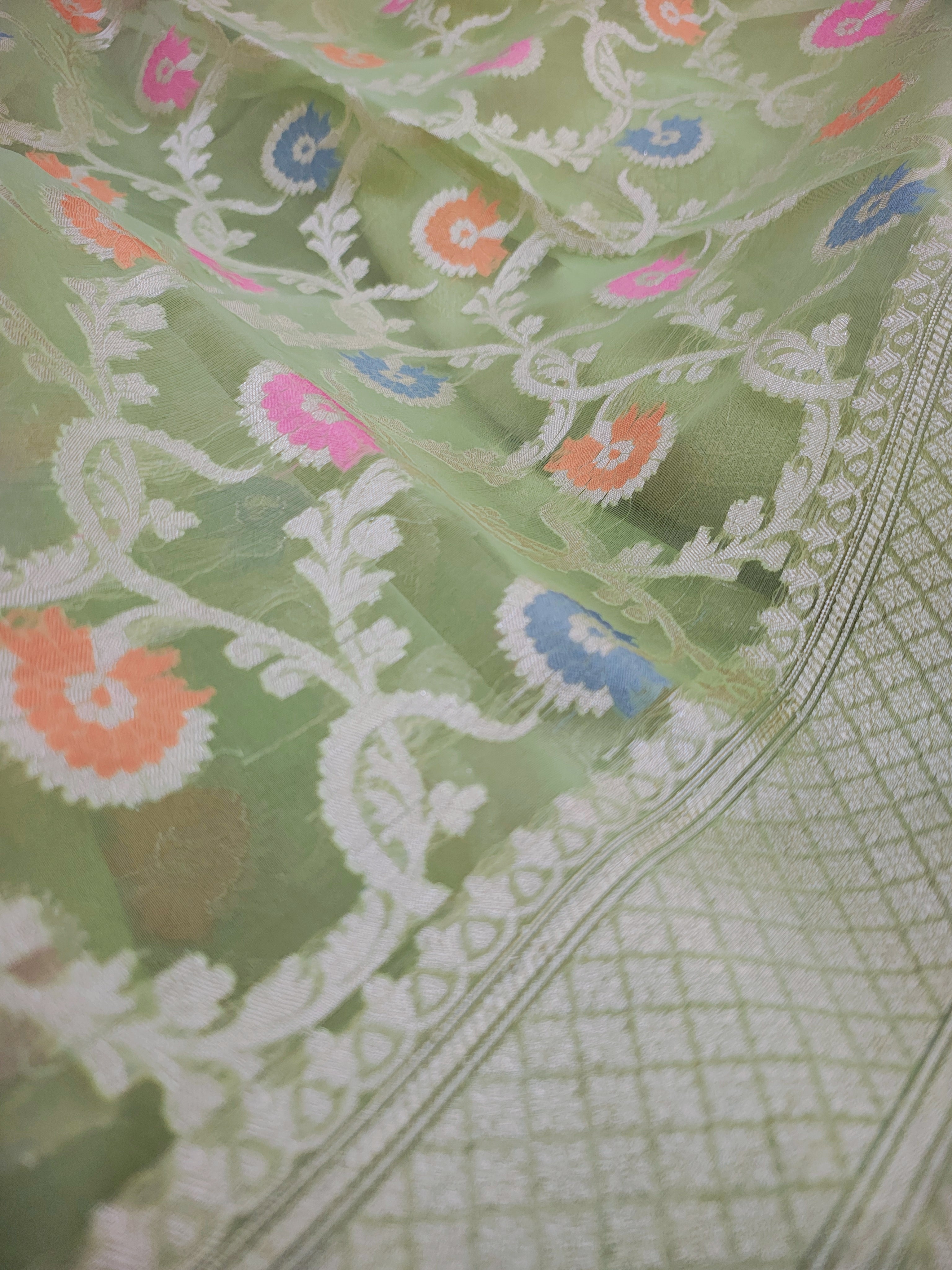 Banarasi Silk Saree/Floral Jaal Pattern/Pista Color