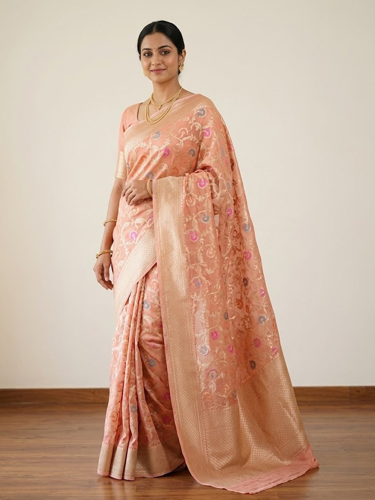 Banarasi silk Saree/Floral Jaal Pattern/Peach Color