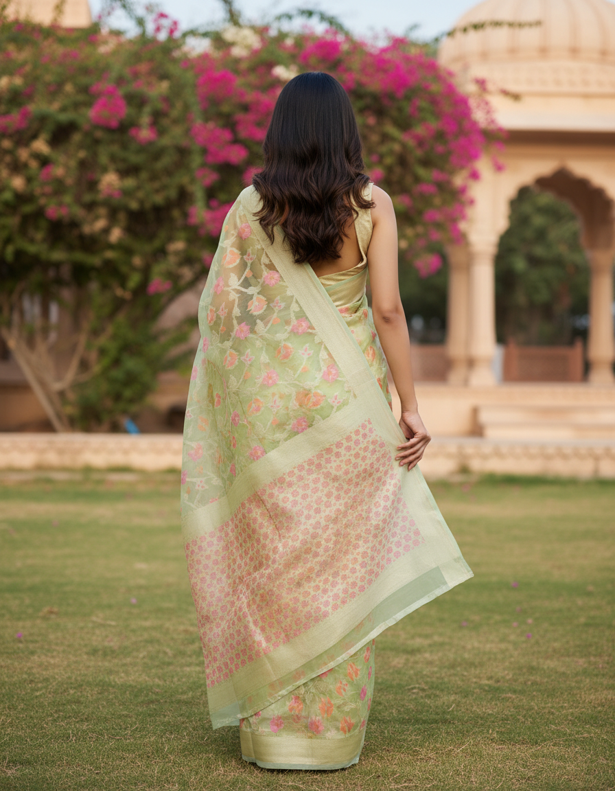 Phool Jaal Banarasi Saree/Pista Color