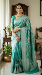 Banarasi Silk Saree/Floral Jaal Pattern/Seagreen Color