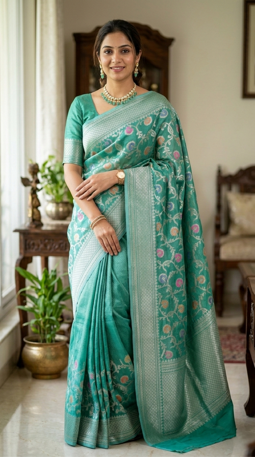 Banarasi Silk Saree/Floral Jaal Pattern/Seagreen Color