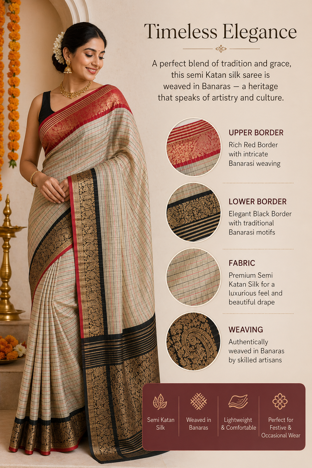 Traditional Banarasi Semi Katan Silk Saree with Checks Design & Red Zari Border