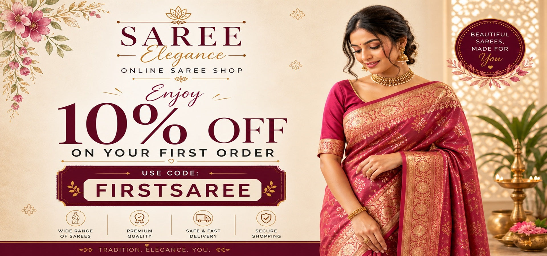 Promotional banner for Saree Elegance with a woman in a saree and text about a 10% discount offer.