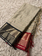 Traditional Banarasi Semi Katan Silk Saree with Checks Design & Red Zari Border
