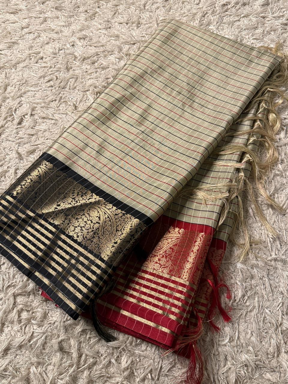 Traditional Banarasi Semi Katan Silk Saree with Checks Design & Red Zari Border