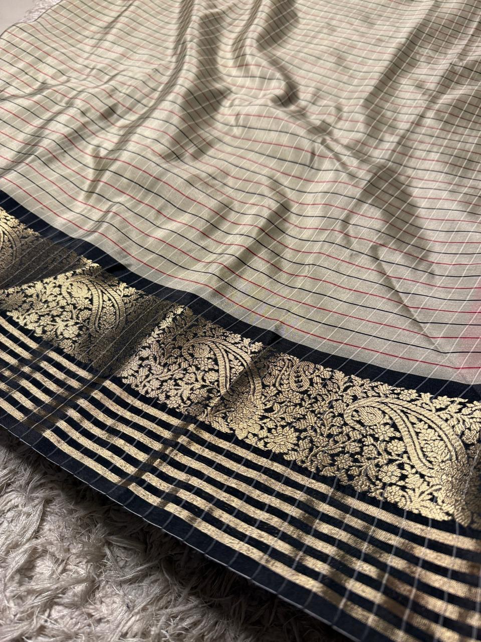 Traditional Banarasi Semi Katan Silk Saree with Checks Design & Red Zari Border