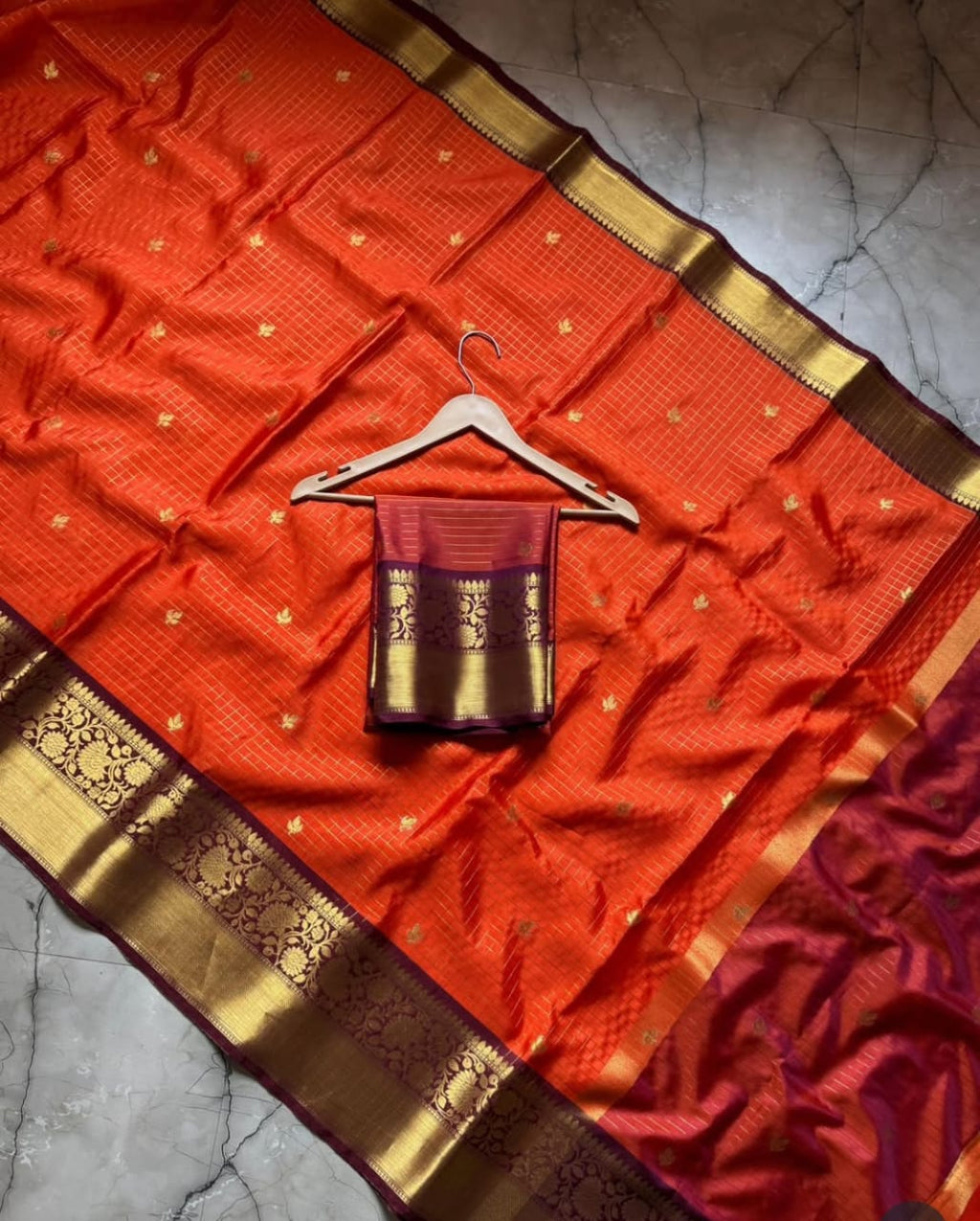 Orange Art Katan Silk Saree with Gold Zari Checks & Maroon Border | Traditional Banarasi Weave