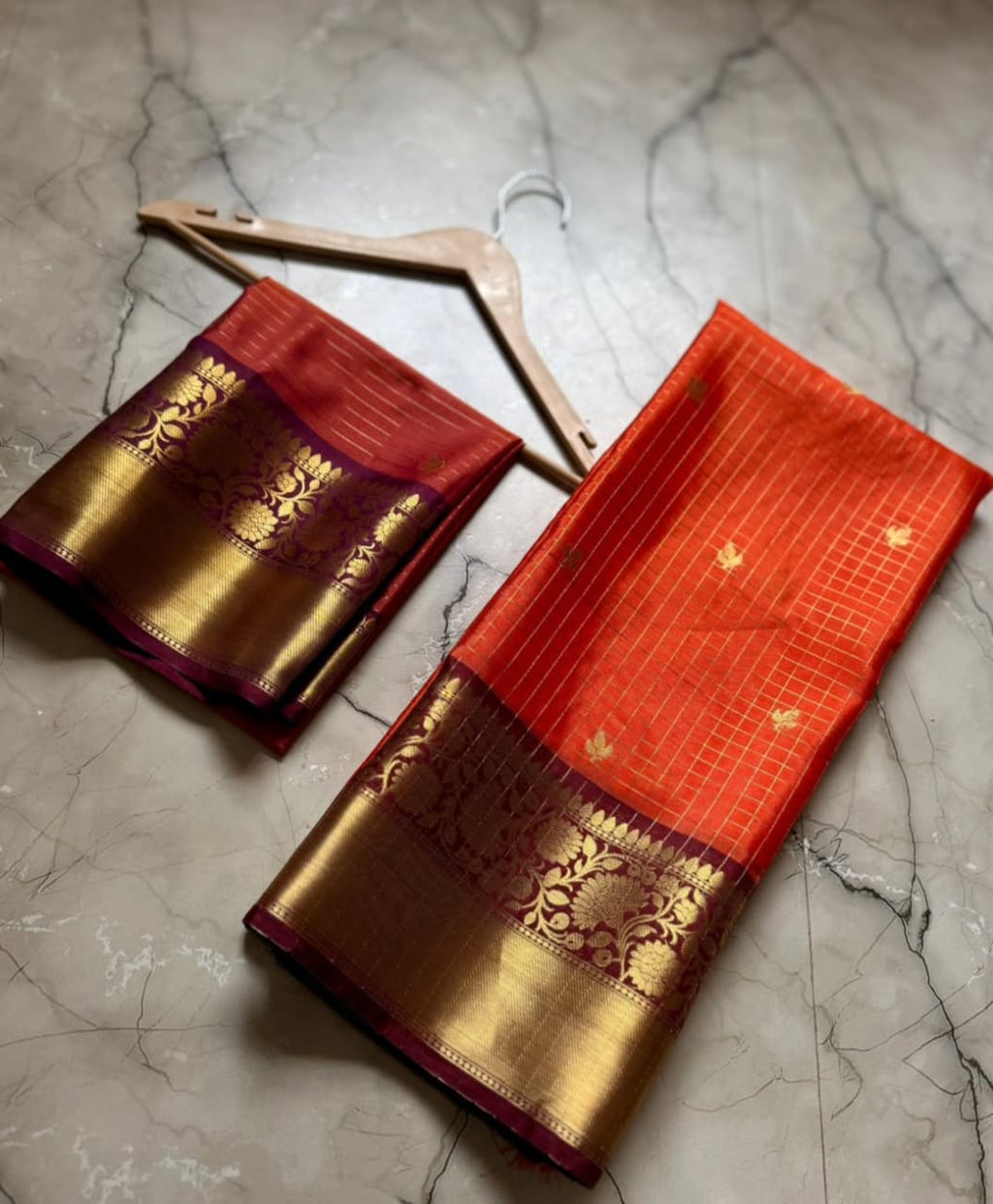 Orange Art Katan Silk Saree with Gold Zari Checks & Maroon Border | Traditional Banarasi Weave