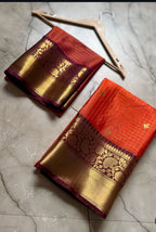 Orange Art Katan Silk Saree with Gold Zari Checks & Maroon Border | Traditional Banarasi Weave
