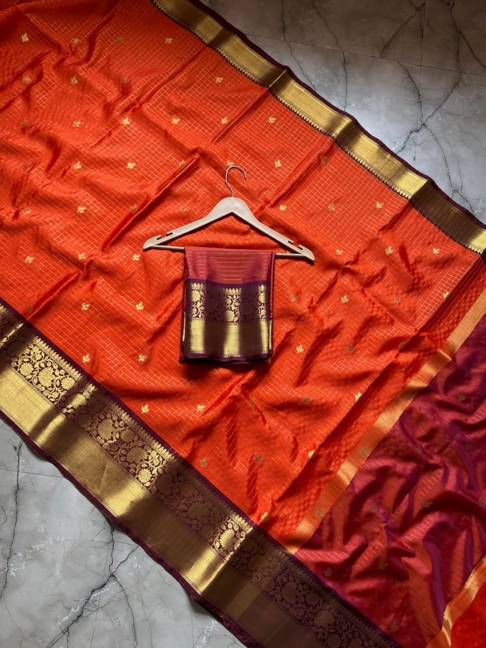 Orange Art Katan Silk Saree with Gold Zari Checks & Maroon Border | Traditional Banarasi Weave