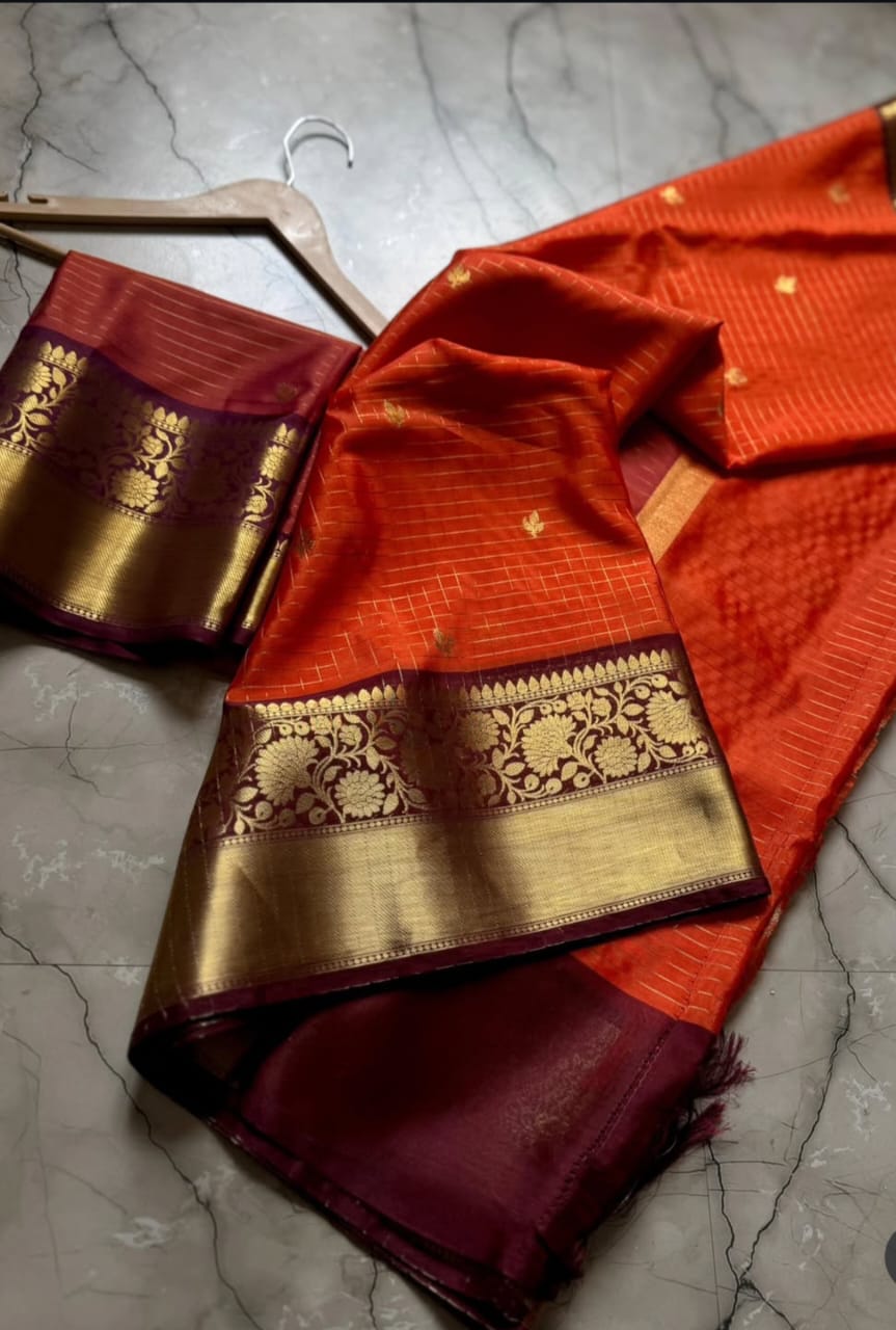 Orange Art Katan Silk Saree with Gold Zari Checks & Maroon Border | Traditional Banarasi Weave