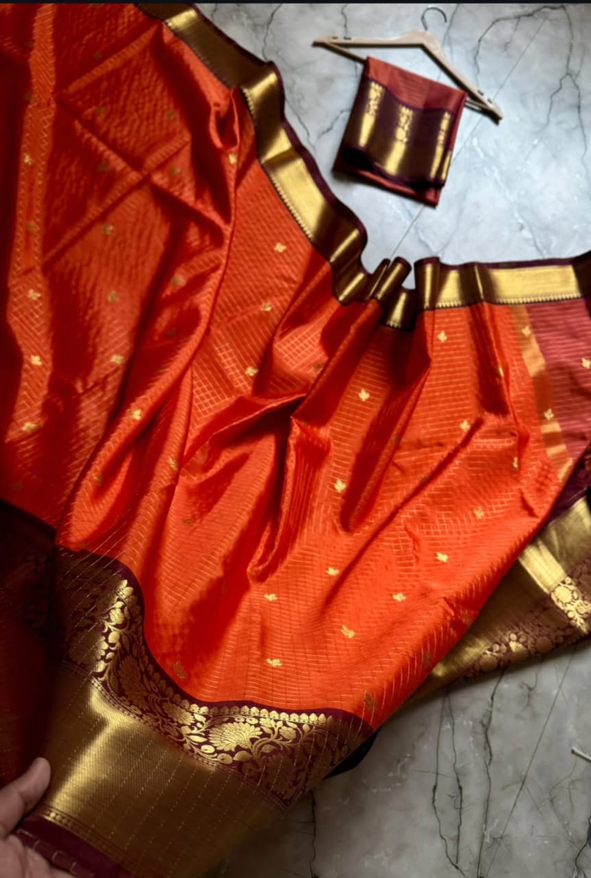 Orange Art Katan Silk Saree with Gold Zari Checks & Maroon Border | Traditional Banarasi Weave