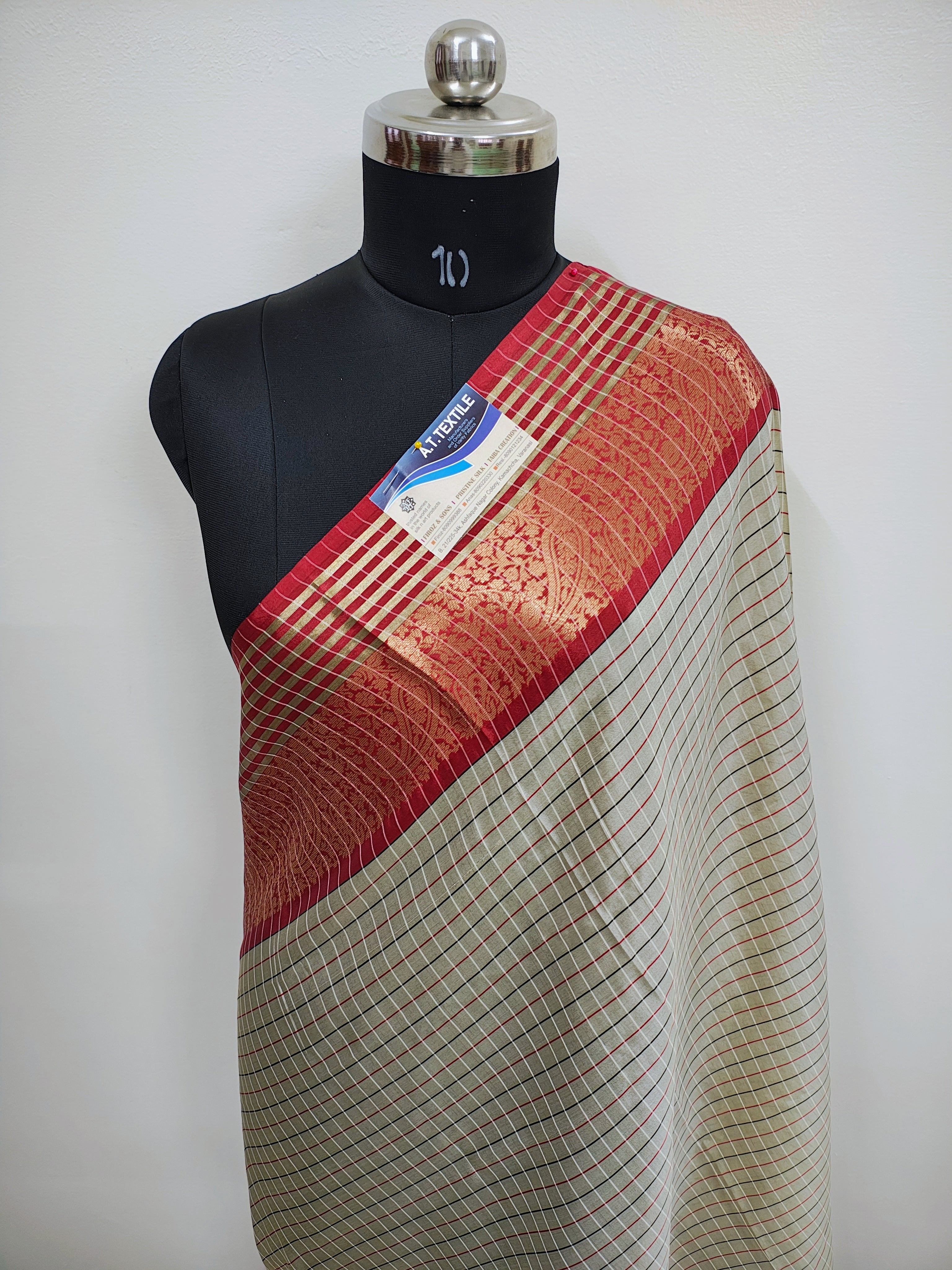 Traditional Banarasi Semi Katan Silk Saree with Checks Design & Red Zari Border