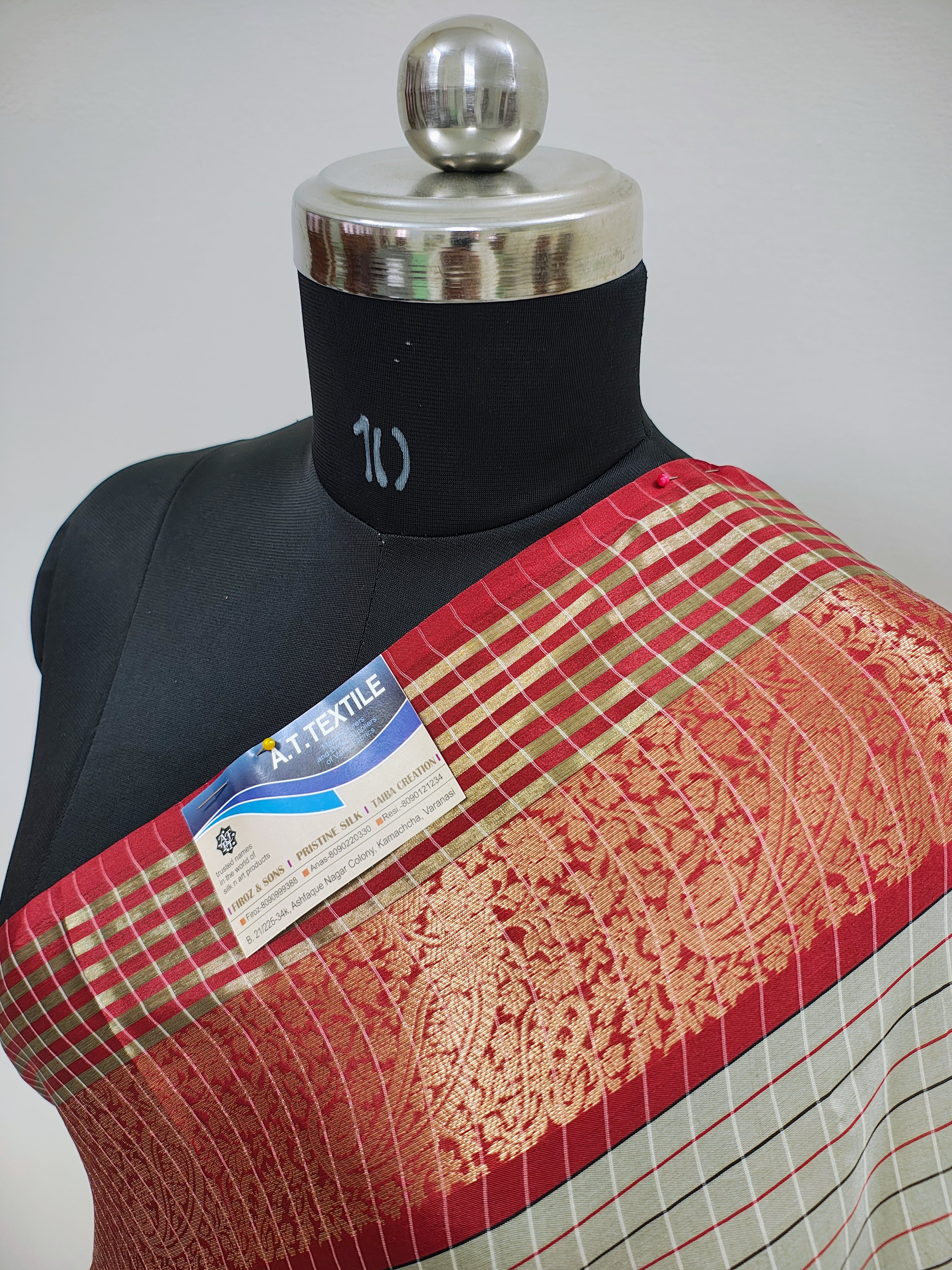 Traditional Banarasi Semi Katan Silk Saree with Checks Design & Red Zari Border