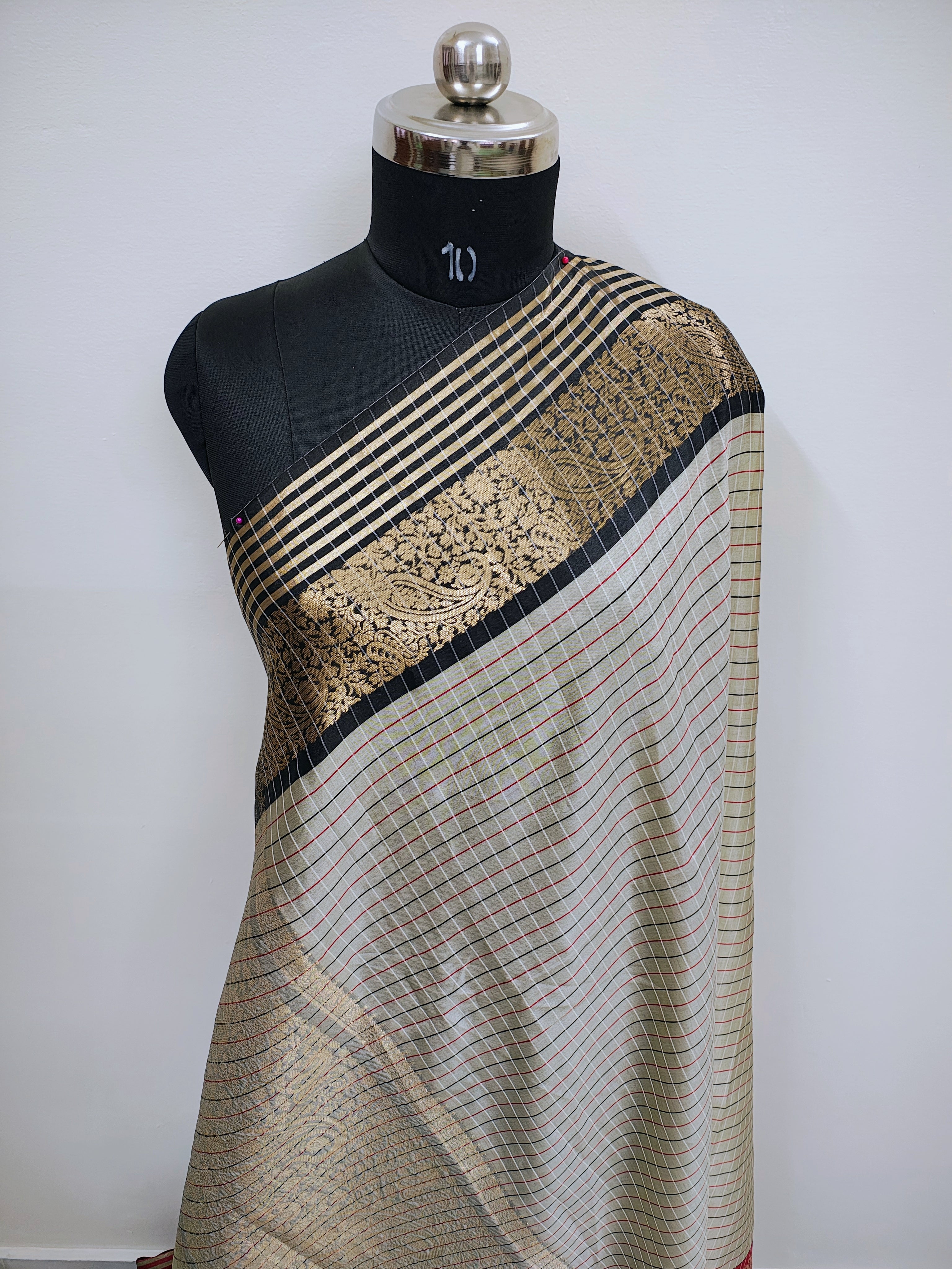 Traditional Banarasi Semi Katan Silk Saree with Checks Design & Red Zari Border
