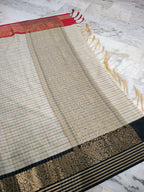Traditional Banarasi Semi Katan Silk Saree with Checks Design & Red Zari Border