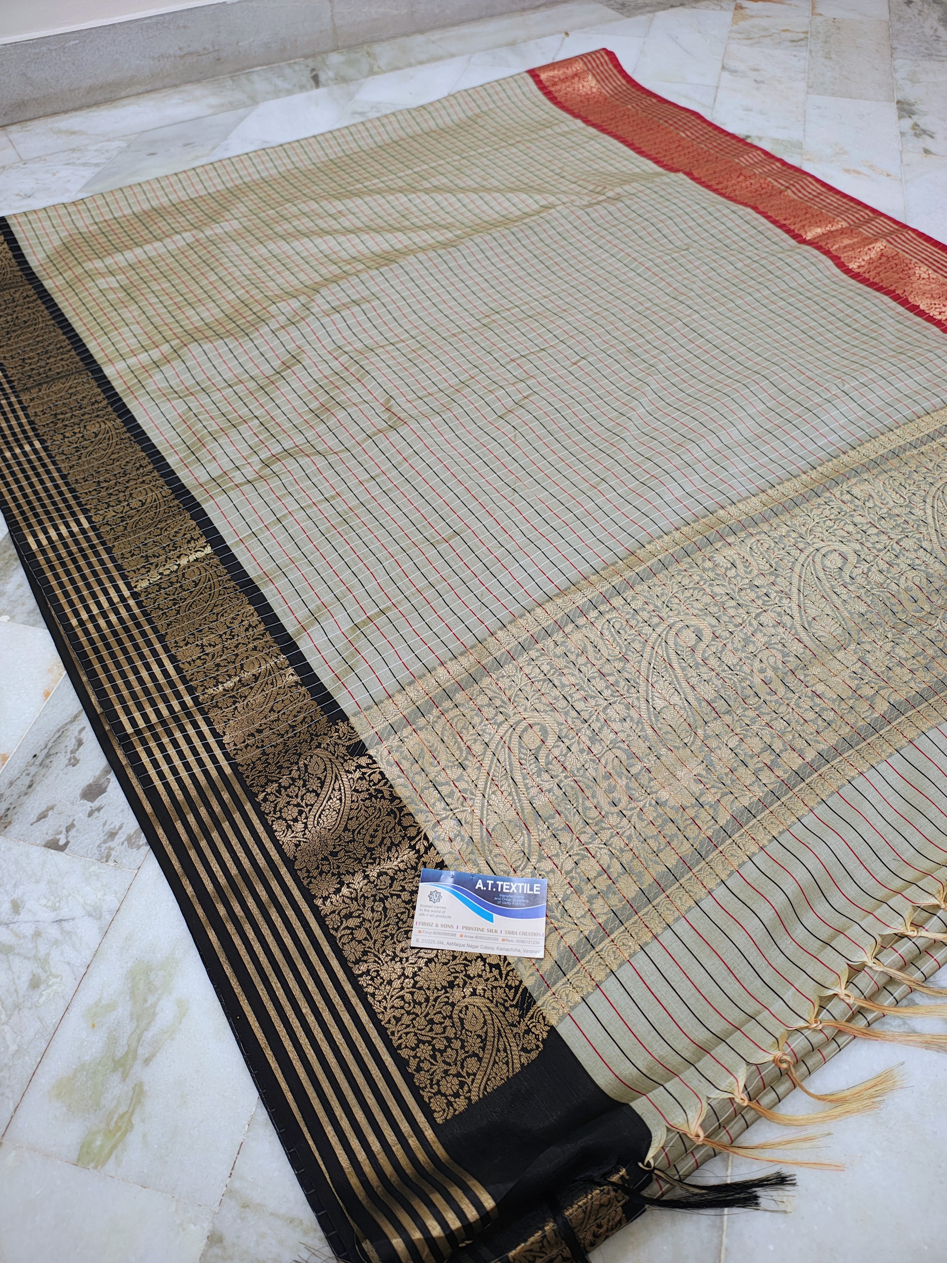 Traditional Banarasi Semi Katan Silk Saree with Checks Design & Red Zari Border