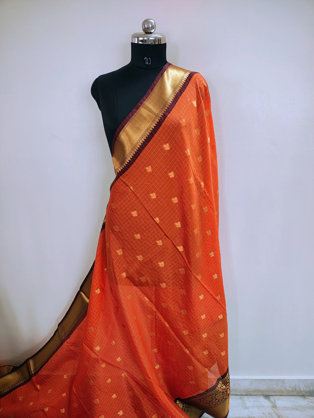 Orange Art Katan Silk Saree with Gold Zari Checks & Maroon Border | Traditional Banarasi Weave