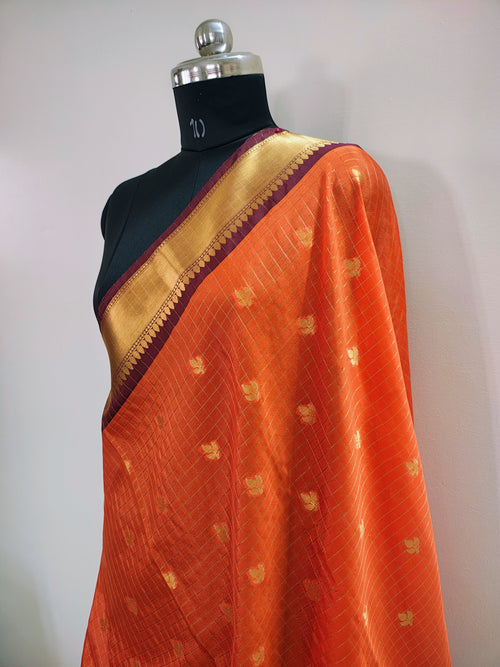 Orange Art Katan Silk Saree with Gold Zari Checks & Maroon Border | Traditional Banarasi Weave