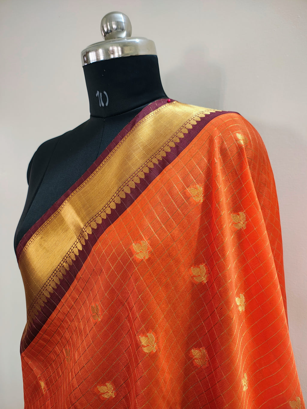 Orange Art Katan Silk Saree with Gold Zari Checks & Maroon Border | Traditional Banarasi Weave