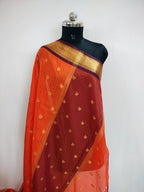 Orange Art Katan Silk Saree with Gold Zari Checks & Maroon Border | Traditional Banarasi Weave