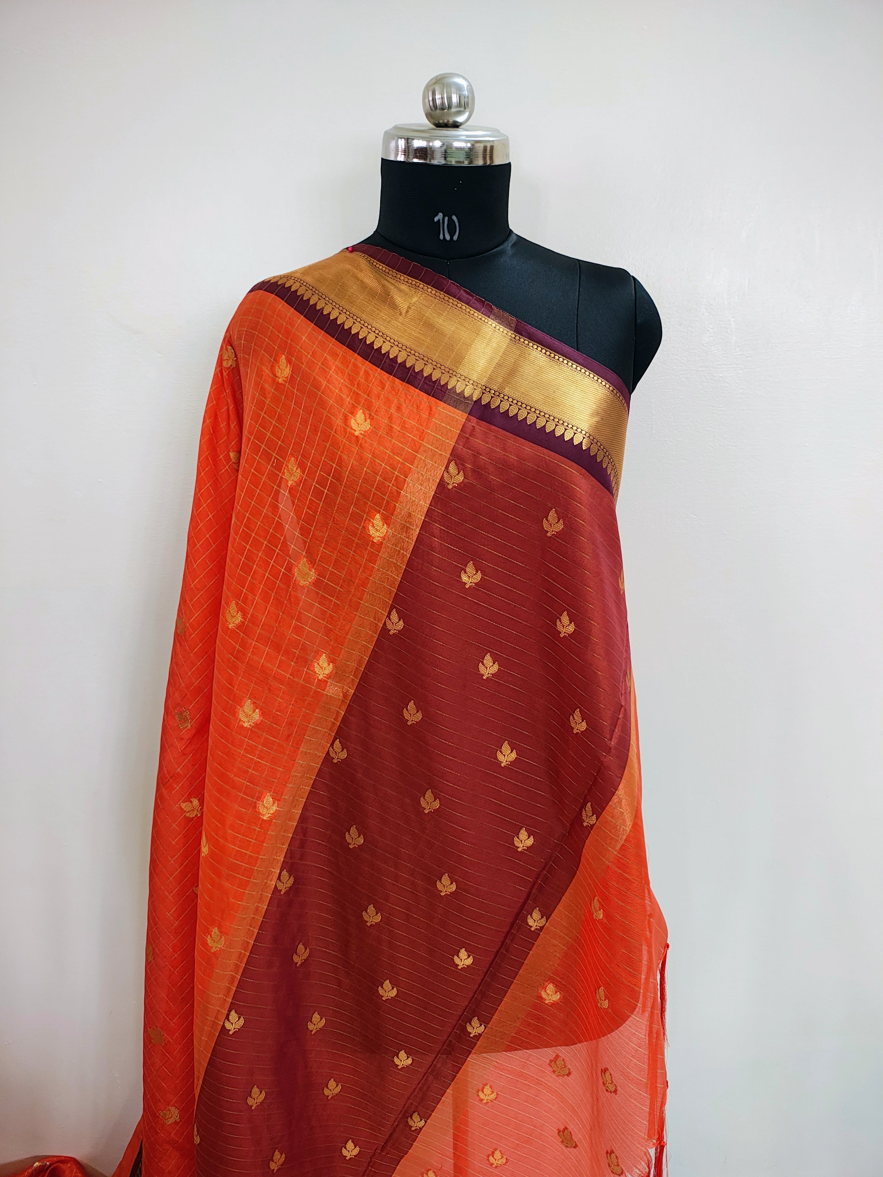 Orange Art Katan Silk Saree with Gold Zari Checks & Maroon Border | Traditional Banarasi Weave
