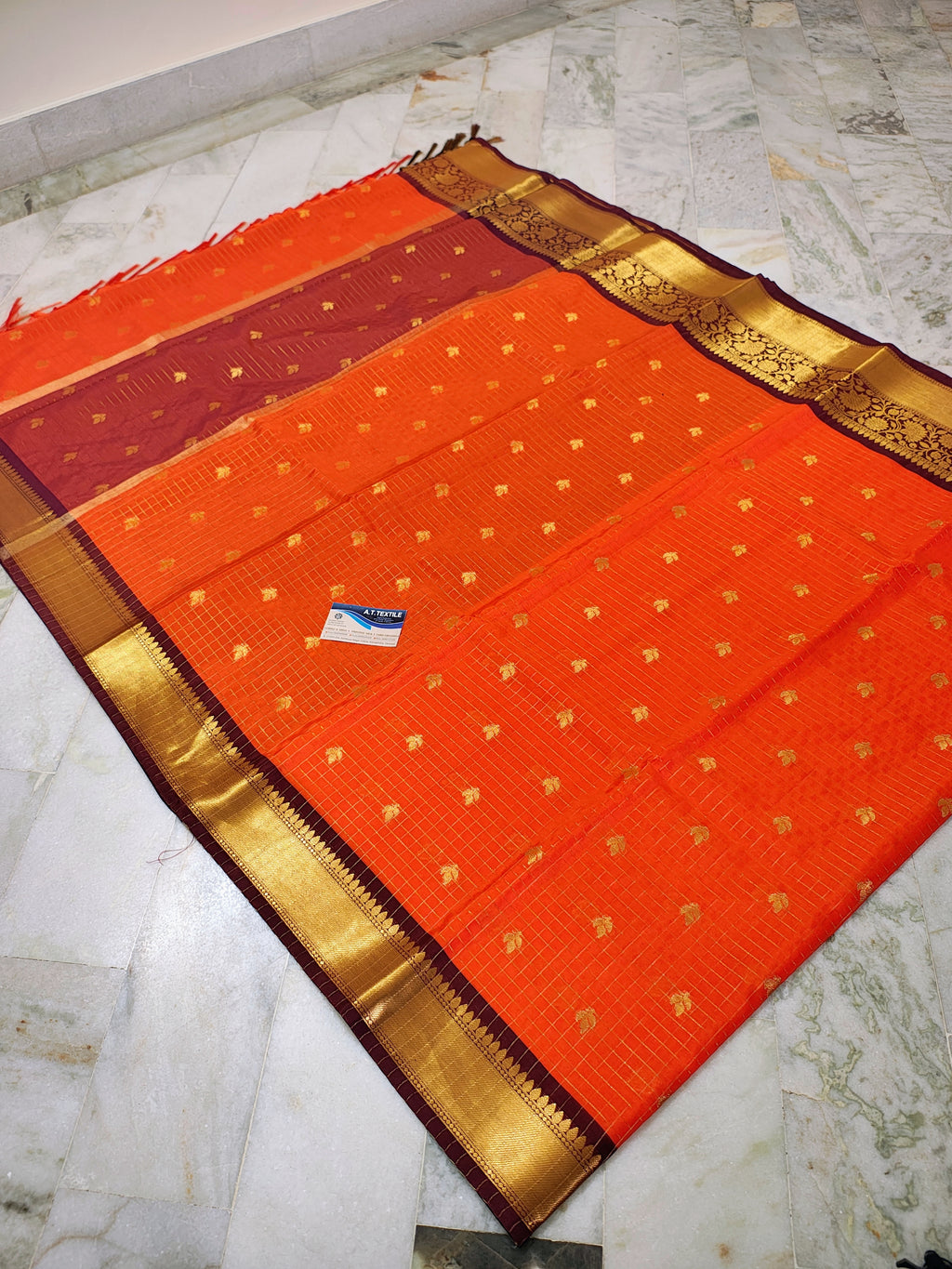 Orange Art Katan Silk Saree with Gold Zari Checks & Maroon Border | Traditional Banarasi Weave