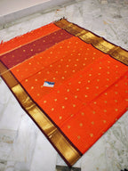 Orange Art Katan Silk Saree with Gold Zari Checks & Maroon Border | Traditional Banarasi Weave
