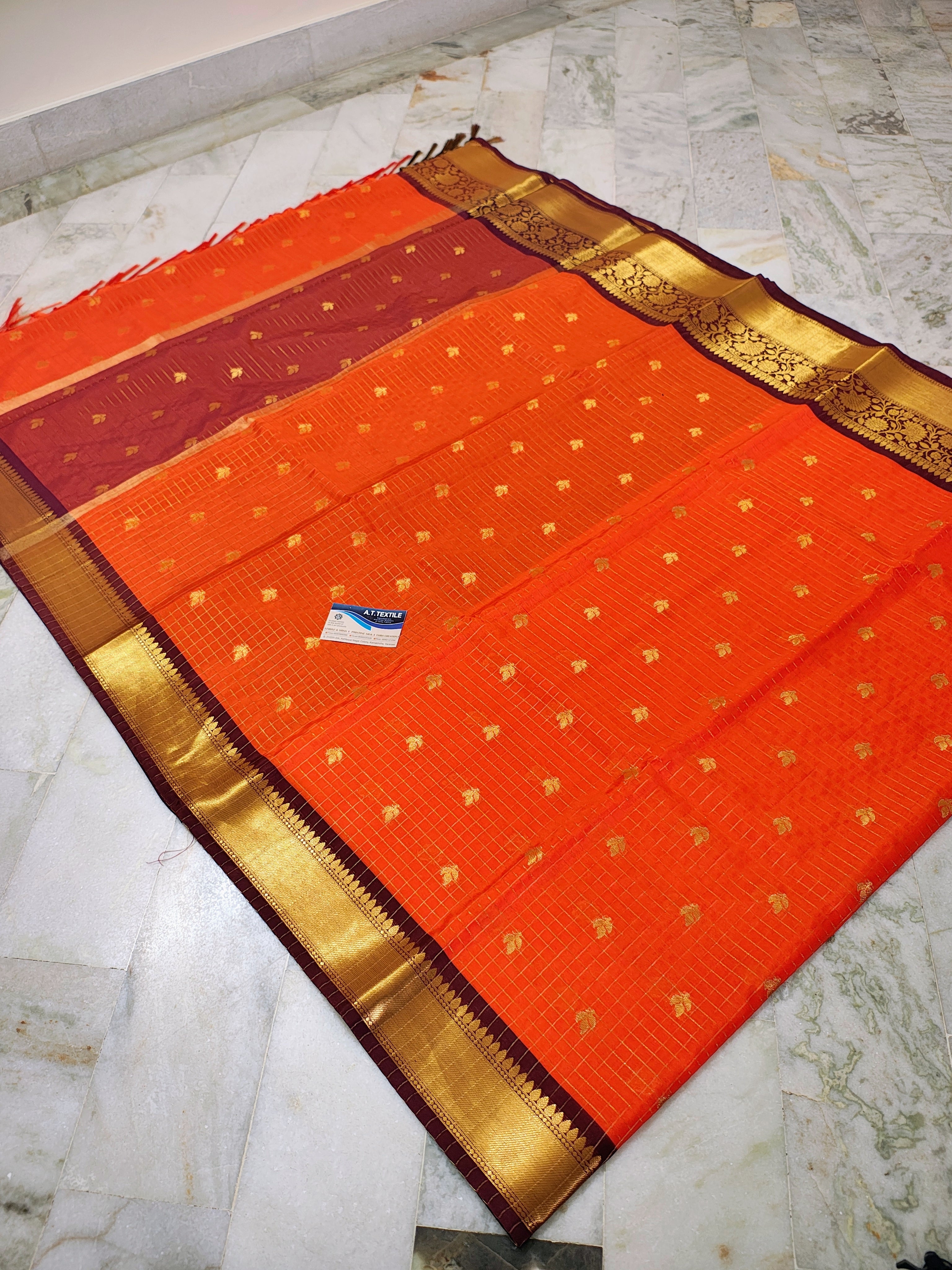 Orange Art Katan Silk Saree with Gold Zari Checks & Maroon Border | Traditional Banarasi Weave
