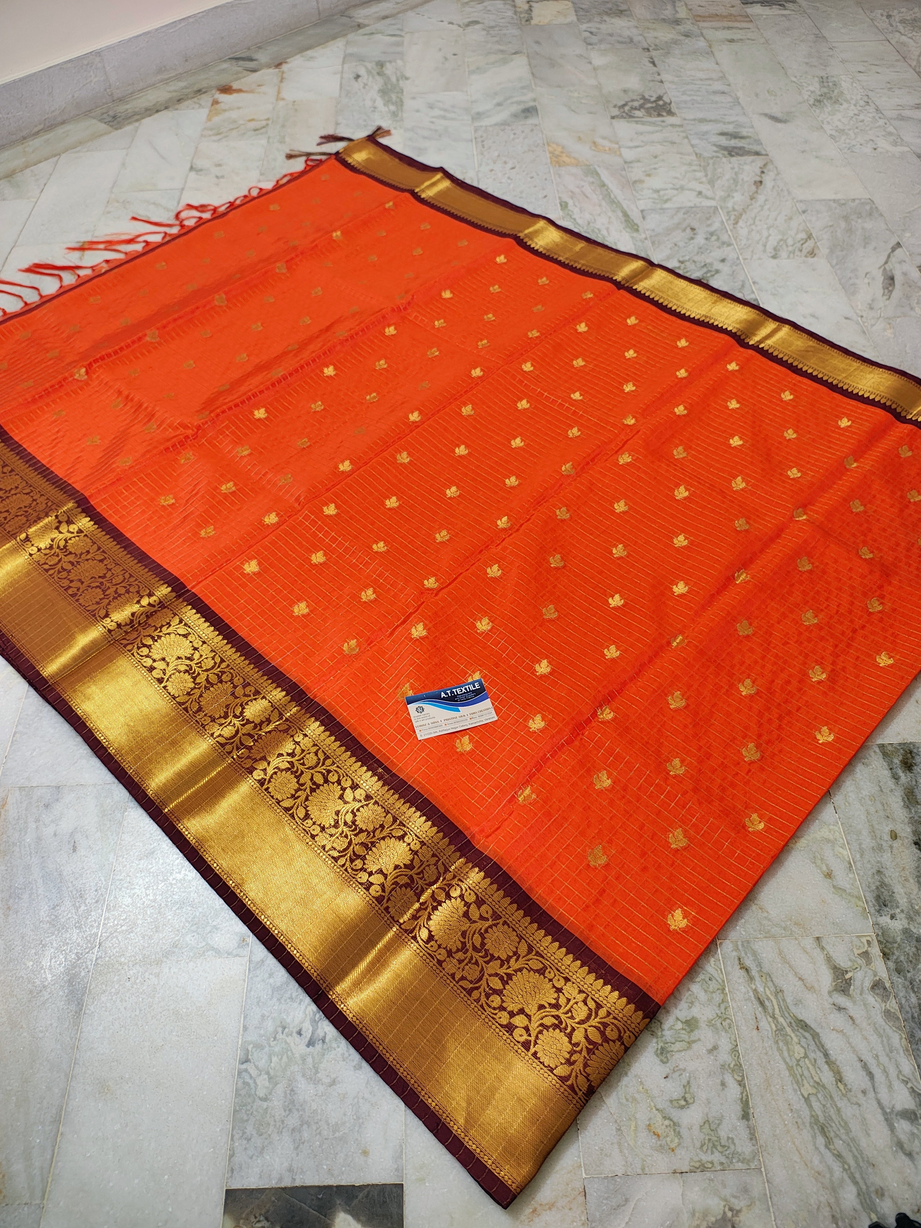 Orange Art Katan Silk Saree with Gold Zari Checks & Maroon Border | Traditional Banarasi Weave