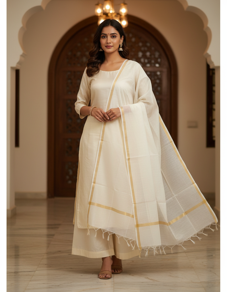Plain Cotton with Zari Piping